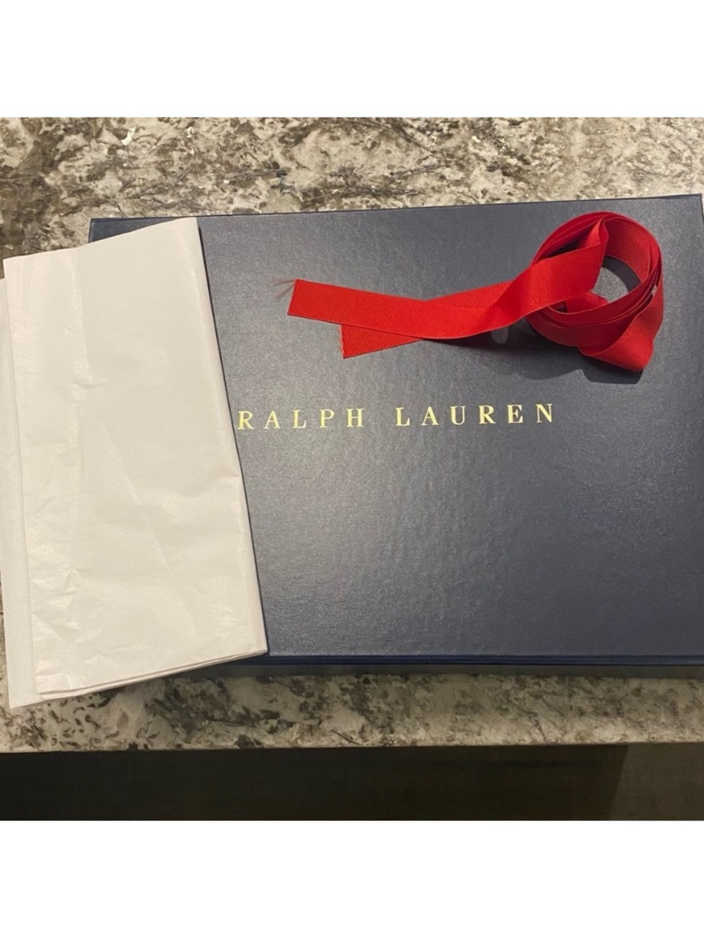 Ralph Lauren Navy Box with Red Ribbon Accent  Gold lettering